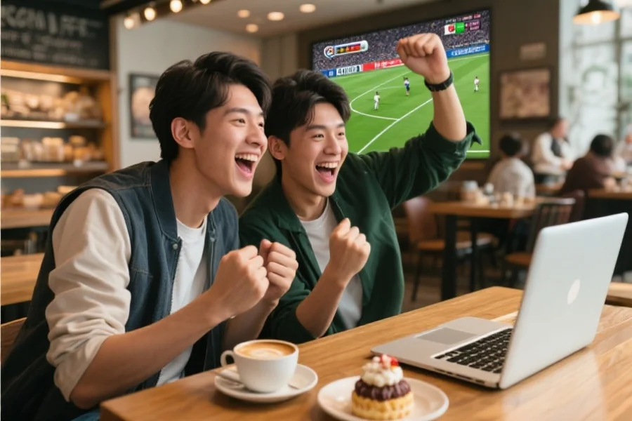 两位年轻人一起在咖啡馆内，通过笔记本电脑兴奋地观看足球比赛直播，气氛热烈，旁边有咖啡和甜点